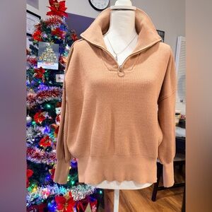 Women's Tan Sweater with Zipper Collar